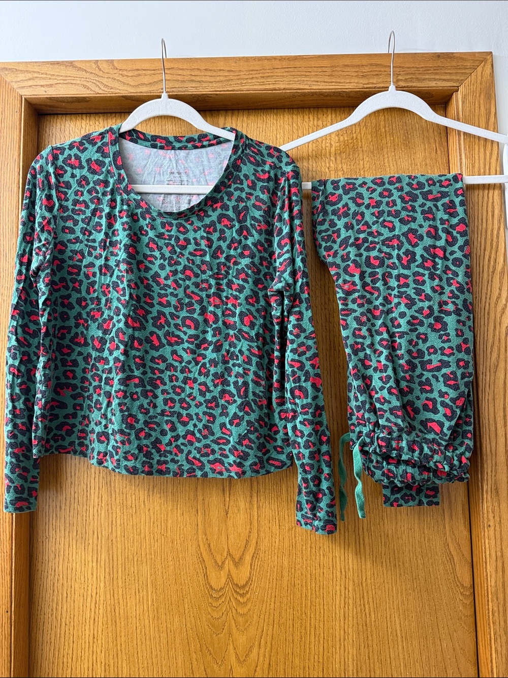 Women’s Long Sleeve Pajama Set in green and red Leopard Print